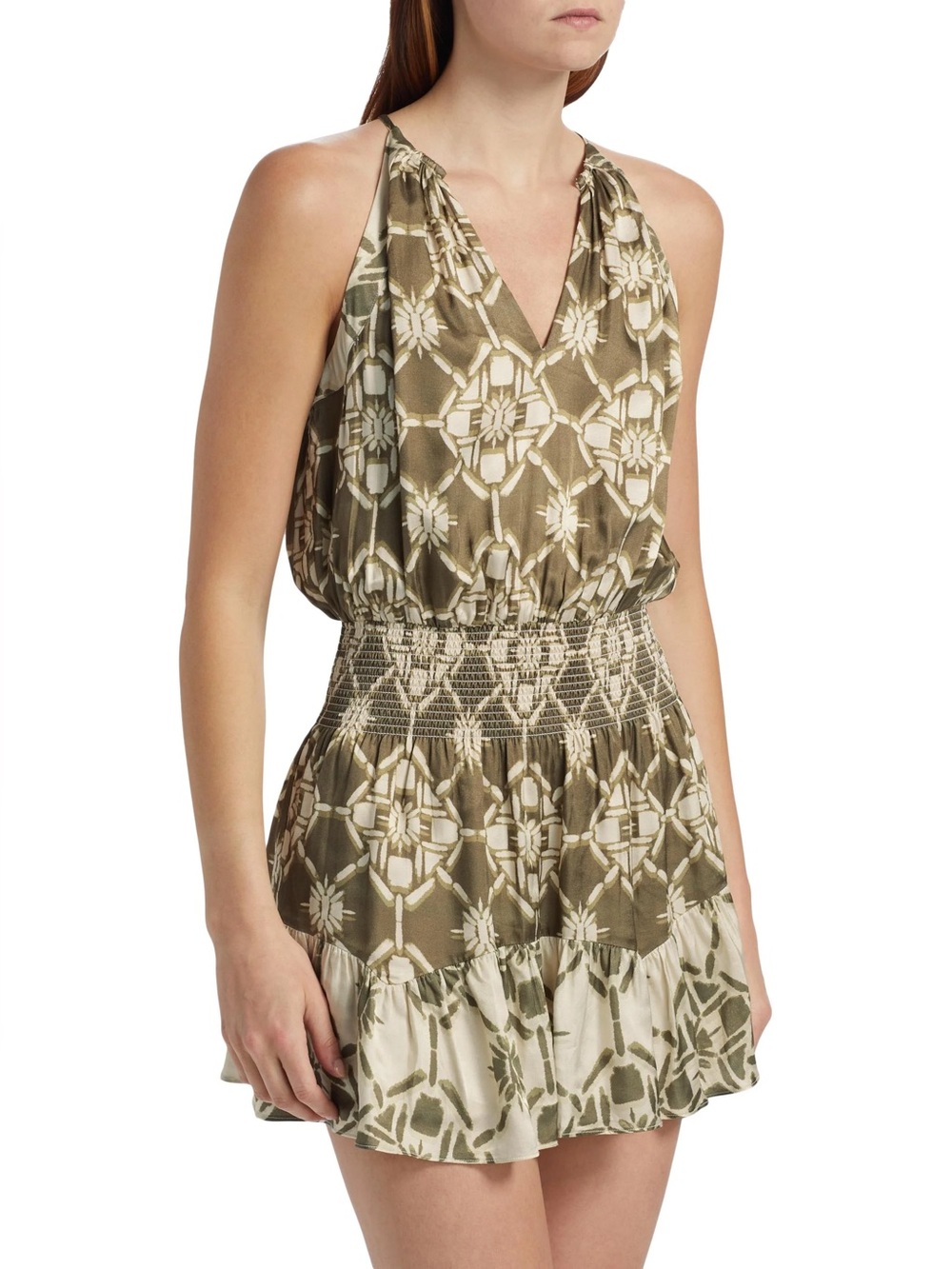 Ramy Brook Olive & Cream Halter Smocked Mini Dress